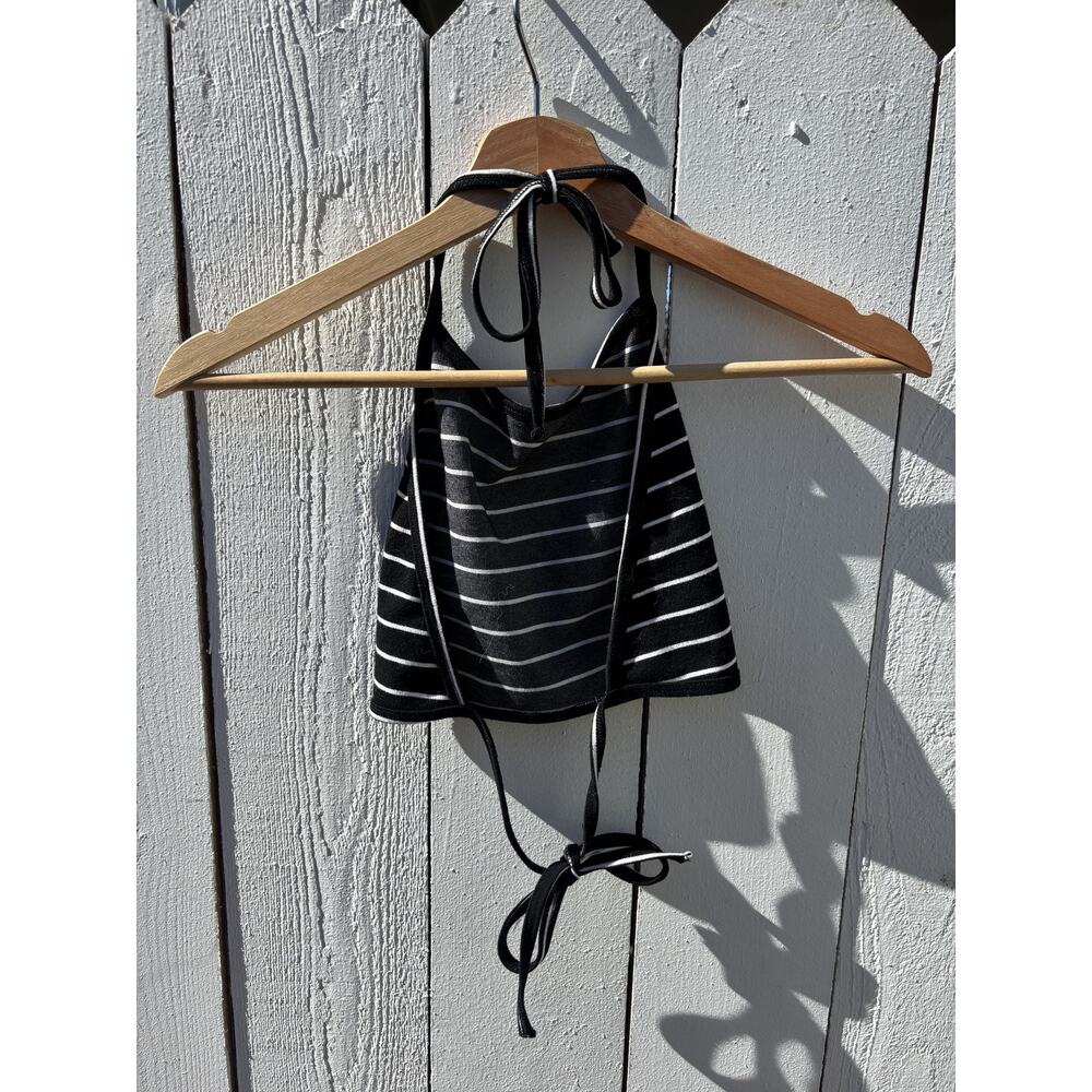 American Apparel Striped Halter Crop Top Black White One Size Tie Y2K - Picture 2 of 3
